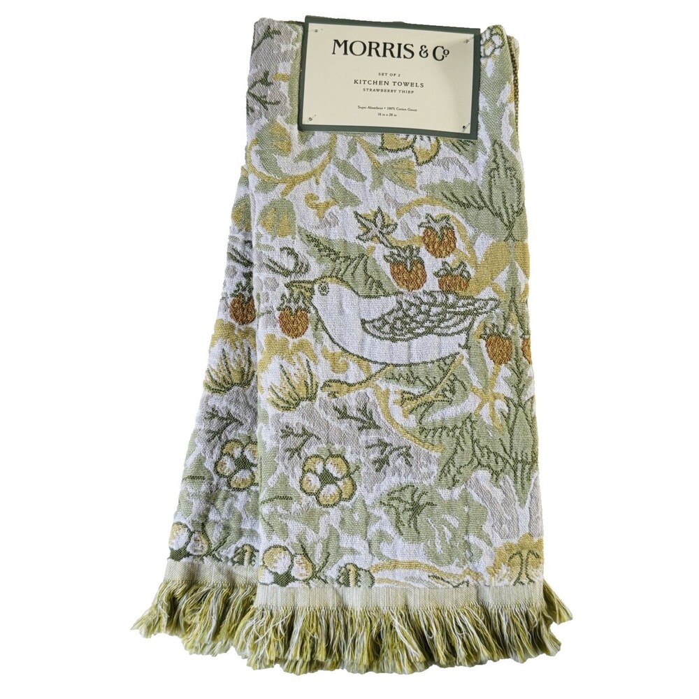 Morris & Co Kitchen Dish Towels Set of 2 Strawberry Thief 100% Cotton Fringe